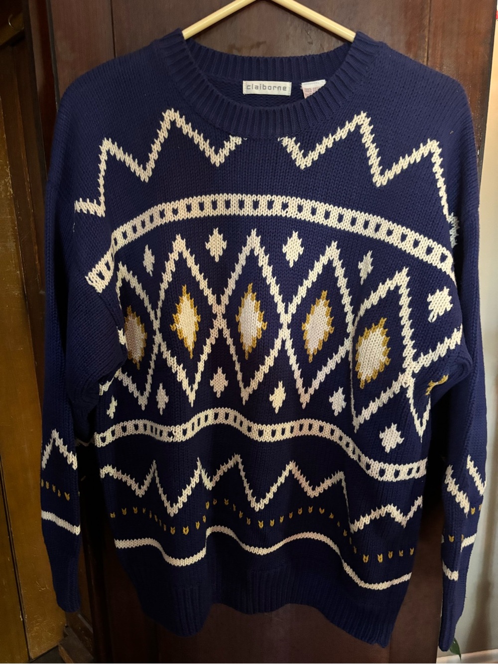 Claiborne Navy Crewneck Sweater with Ivory and Gold Pattern